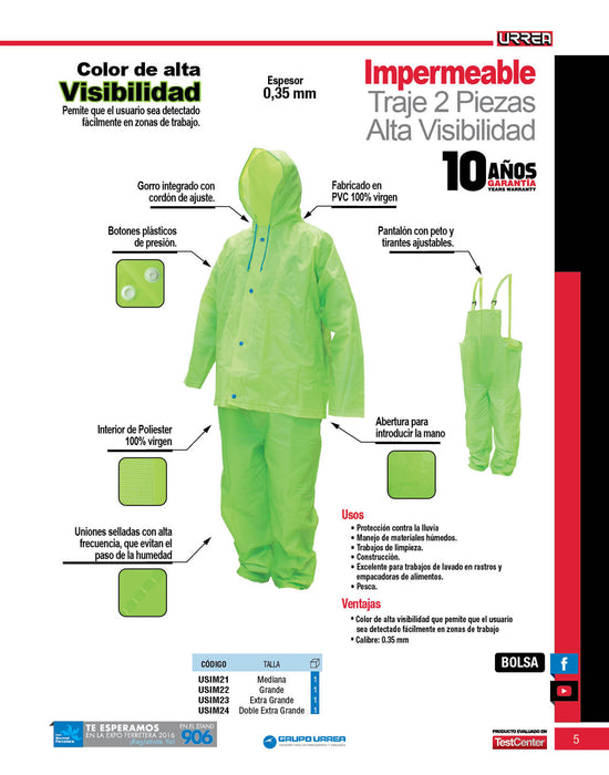 Traje impermeable de alta visibilidad EG, 2 piezas Urrea