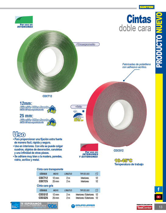 Cinta gris doble cara 12 mm x 2 m en blíster Surtek