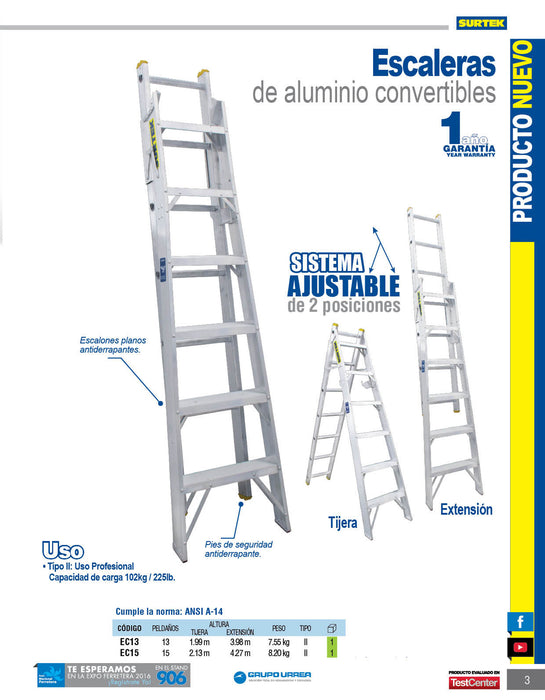 Escalera convertible tipo II de aluminio con 13 peldaños Surtek