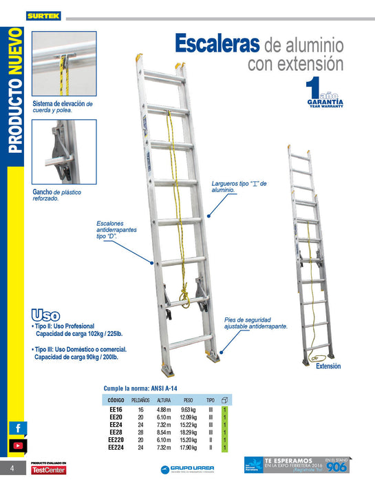 Escalera de extensión tipo III de aluminio con 28 peldaños Surtek