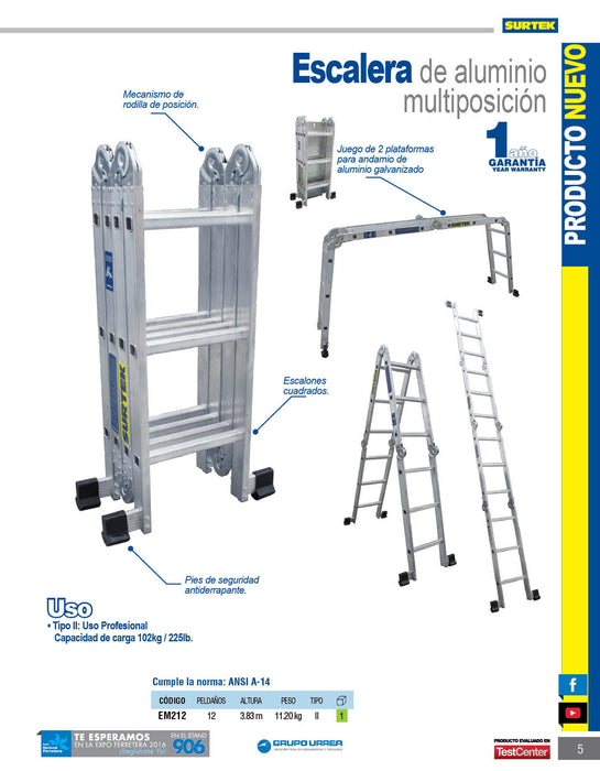 Escalera multiposiciones tipo III de aluminio con 12 peldaños Surtek