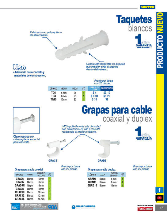 Grapa para cable coaxial 5 mm, color blanco, 20 piezas Surtek