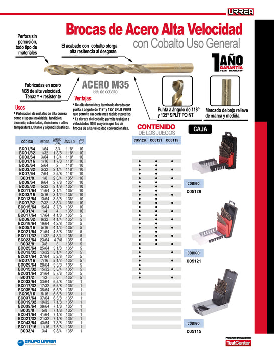 Broca con cobalto de acero de alta velocidad 3/8" zanco recto Urrea