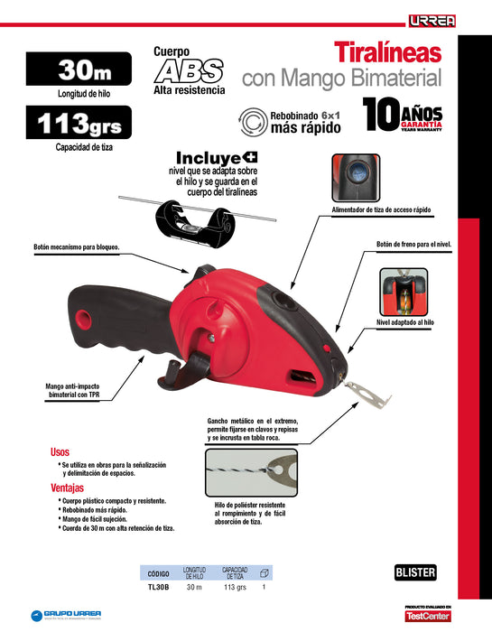 Tiralíneas con cuerpo bimaterial 30 m Urrea