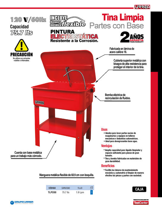 Tina limpia partes 75.7 Lt Urrea