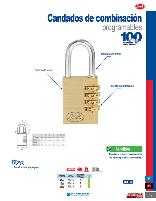 Candado de combinación programable para maleta, latón, 40 mm Lock