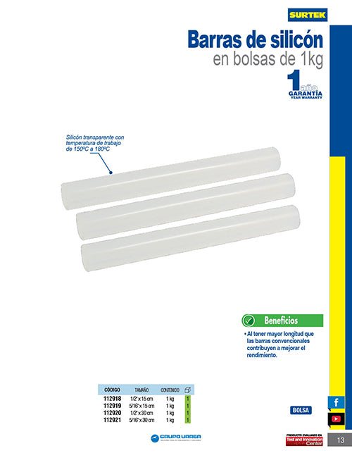 Barra de silicón 1/2" x 30 cm, 1 kg en bolsa Surtek