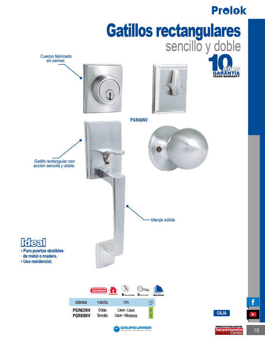 Gatillo rectangular sólido para entrada función sencilla, níquel satinado, visual Prolok
