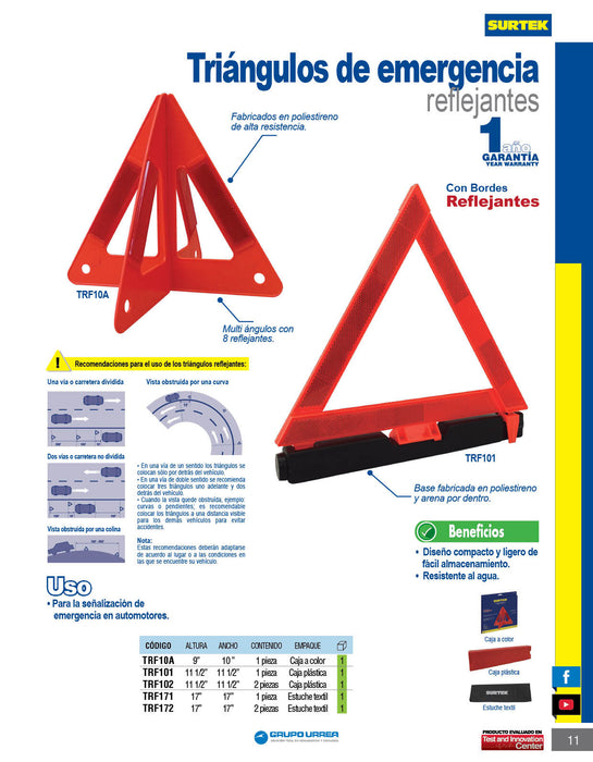 Triángulo reflejante de emergencia armable, 10" Surtek