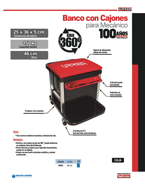 Banco para mecánico con cajones, 46 cm Urrea