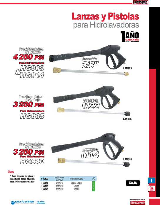 Lanza y pistola para hidrolavadora a gasolina HG840 Urrea