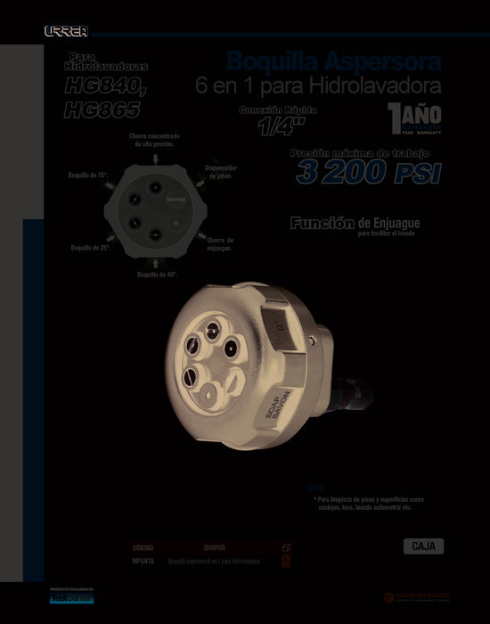 Punta para lanza multisalida 6 en 1 para hidrolavadora a gasolina HG840 y HG865 Urrea