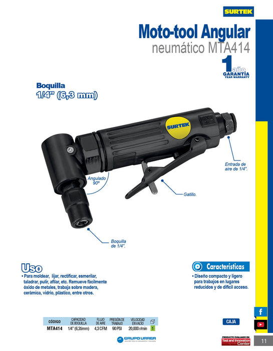 Moto-tool neumático angular 1/4" 20,000RPM Surtek