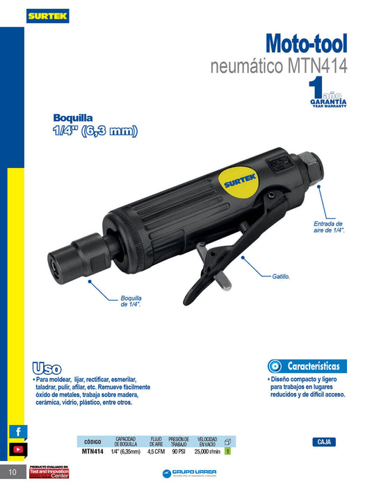 Moto-tool neumático recto 1/4" 25,000RPM Surtek