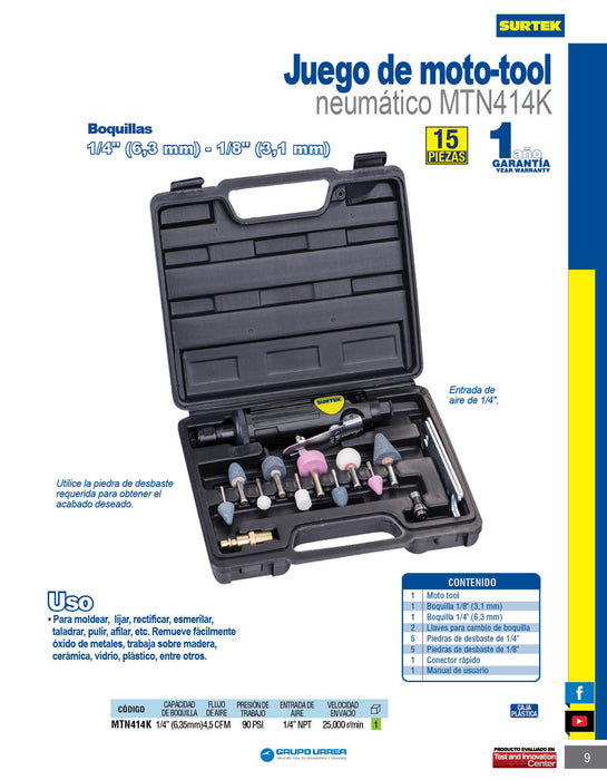 Juego de moto-tool neumático recto con accesorios, 15 piezas Surtek