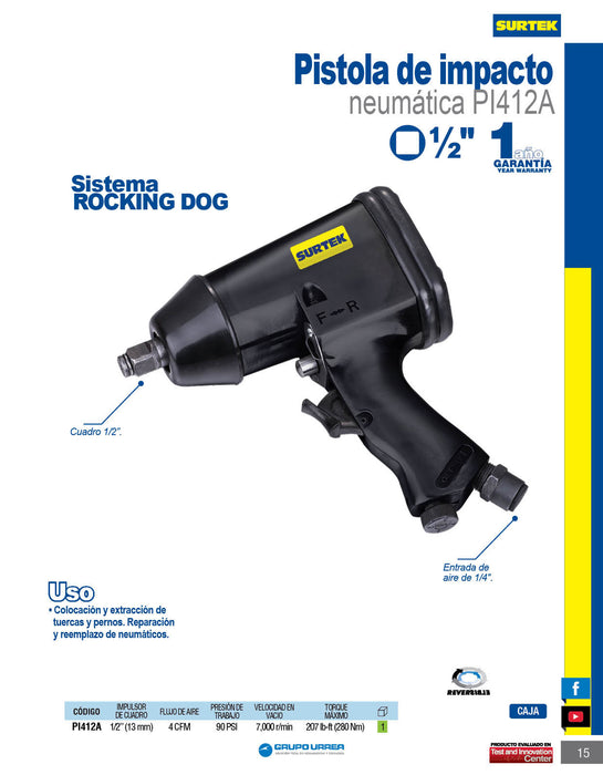 Pistola de impacto neumática cuadro de 1/2" 207 Ft-lb sistema rocking dog Surtek