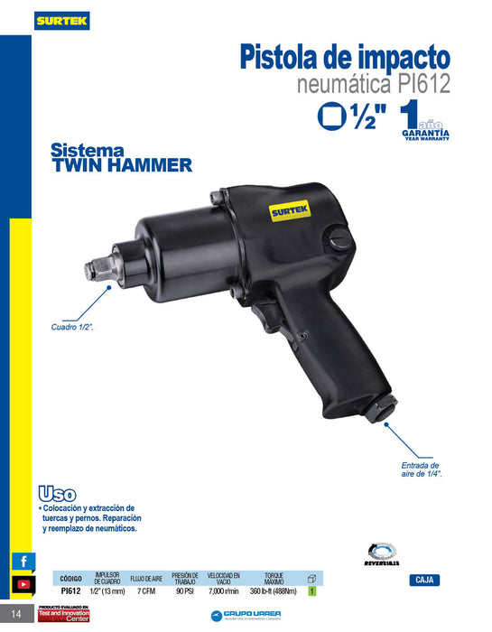 Pistola de impacto neumática cuadro de 1/2" 360 Ft-lb sistema twin hammer Surtek
