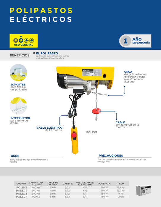Polipasto eléctrico 1 ramal, 0.8 ton, cable 12 m Surtek