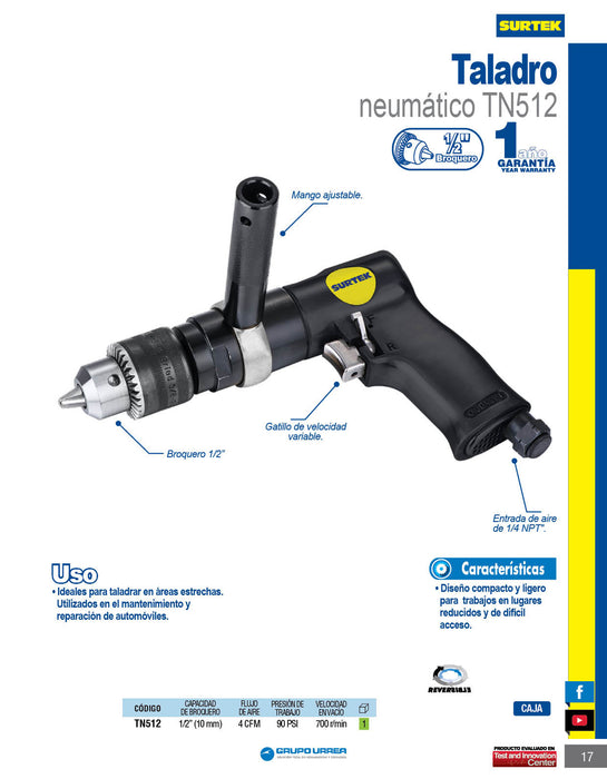 Taladro neumático 1/2" 700 RPM reversible Surtek