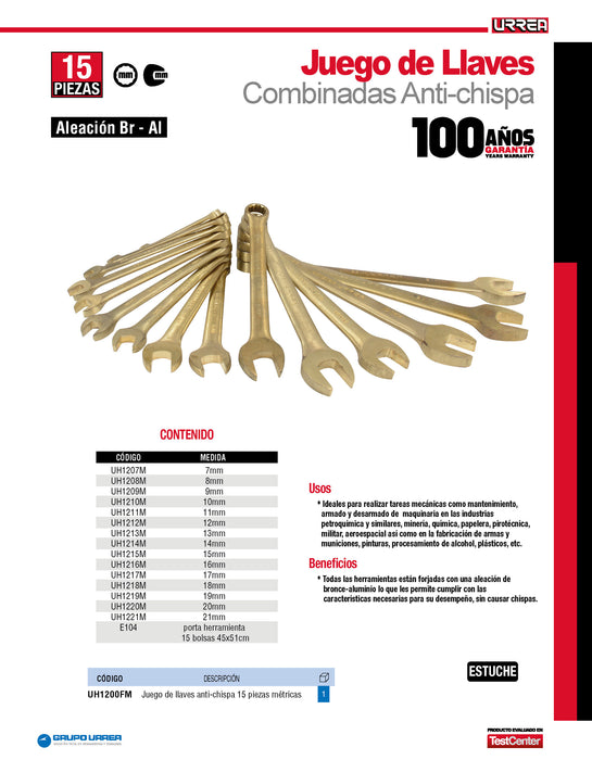 Juego de llaves combinadas de bronce-aluminio antichispa métricas, 12 puntas, 15 piezas Urrea
