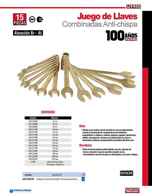 Llave combinada de bronce-aluminio antichispa métrica, 12 puntas, 18 mm Urrea