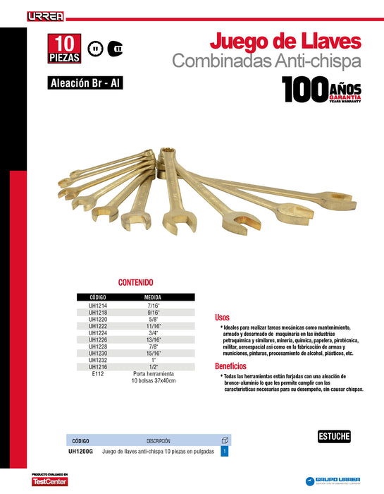 Juego de llaves combinadas de bronce-aluminio antichispa en pulgadas, 12 puntas, 10 piezas Urrea