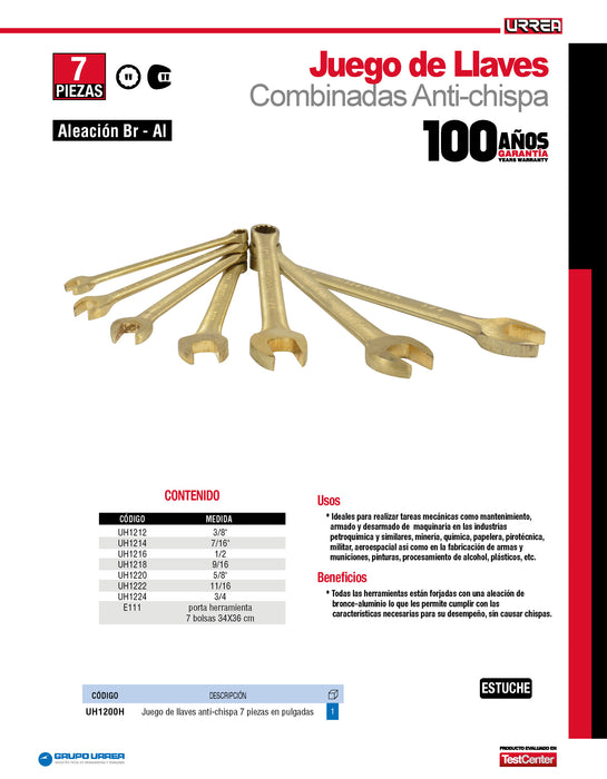 Llave combinada de bronce-aluminio antichispa en pulgadas, 12 puntas, 5/8" Urrea