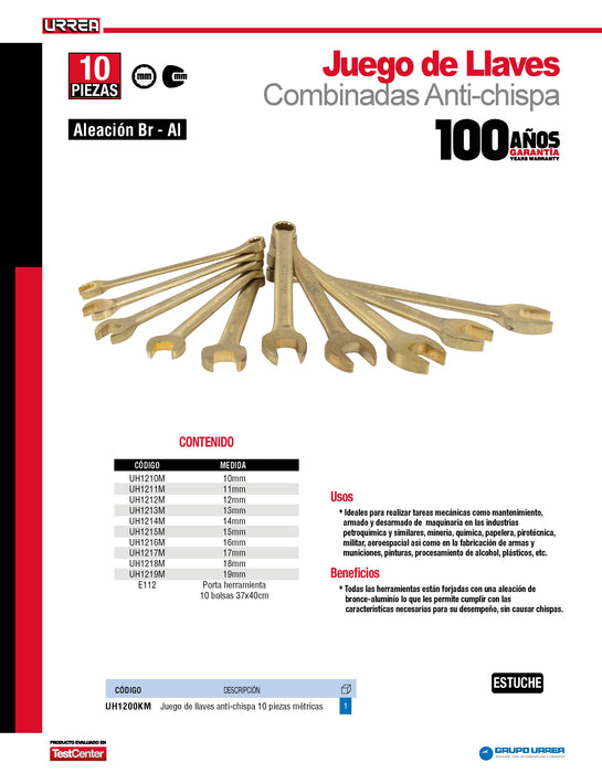 Juego de llaves combinadas de bronce-aluminio antichispa métricas, 12 puntas, 10 piezas Urrea
