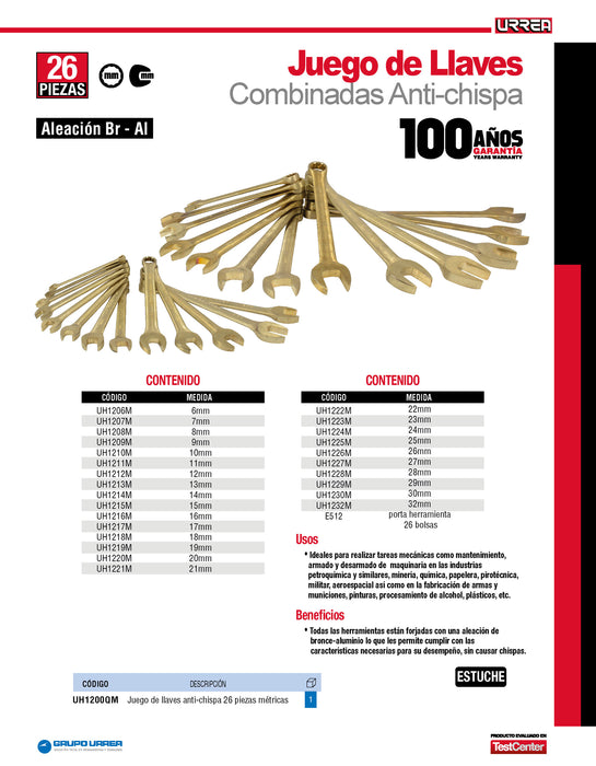 Llave combinada de bronce-aluminio antichispa métrica, 12 puntas, 6 mm Urrea