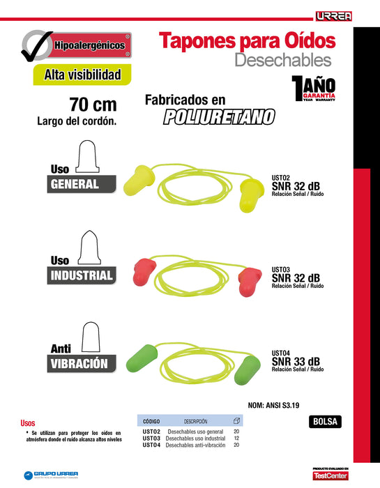 Tapones para oídos desechables de alta visibilidad color verde SNR 32 dB Urrea