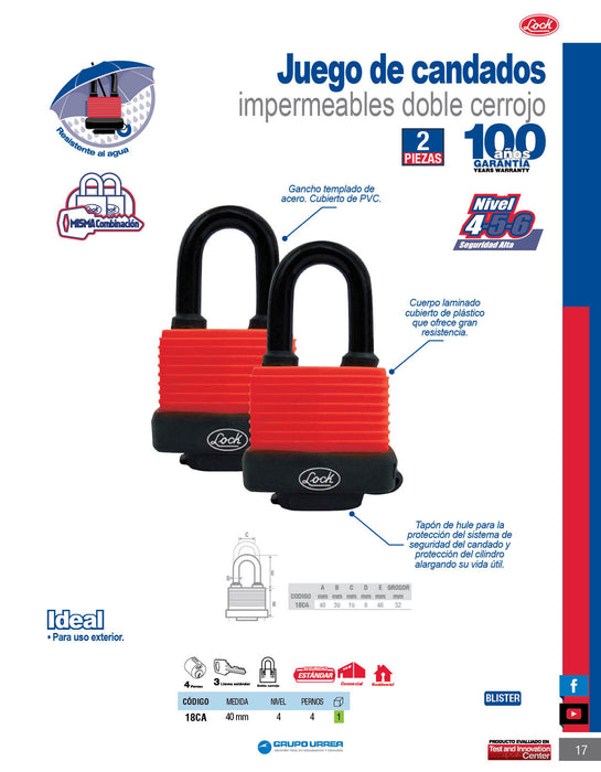 Juego de candados impermeables largos 40 mm, llave estándar, 2 piezas Lock