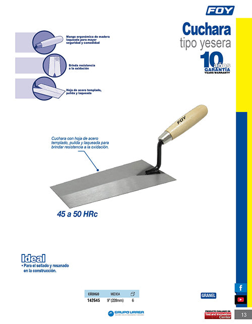 Cuchara tipo yesera soldada 9" Foy