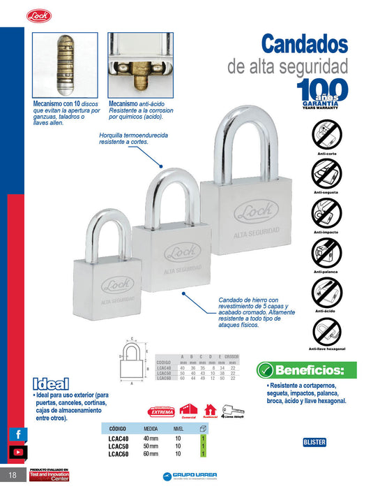 Candado de alta seguridad 40 mm, llave de disco Lock