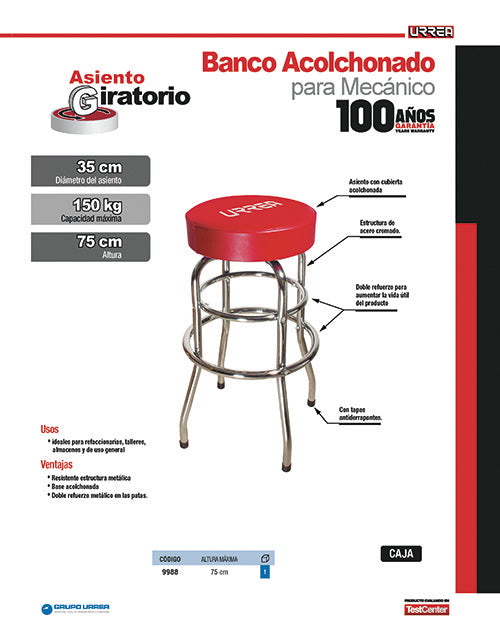 Banco para mecánico giratorio acolchonado, 75 cm Urrea