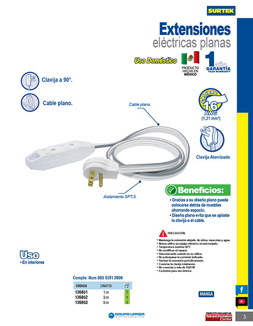 Extensión eléctrica plana aterrizada color blanco, 3 m Surtek