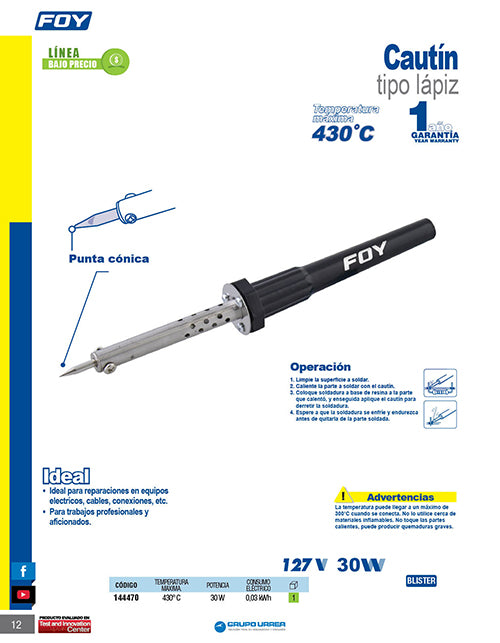 Cautín tipo lápiz 30 W, 120 V Foy