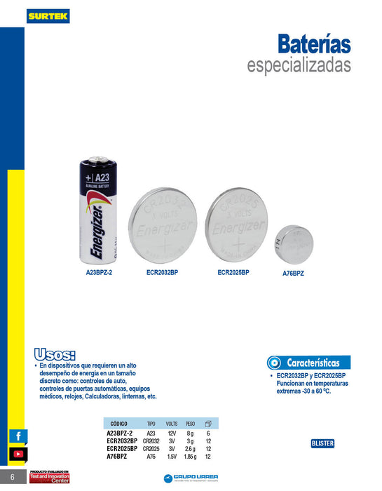 Pila alcalina Energizer® "A23 12V", 2 piezas Surtek