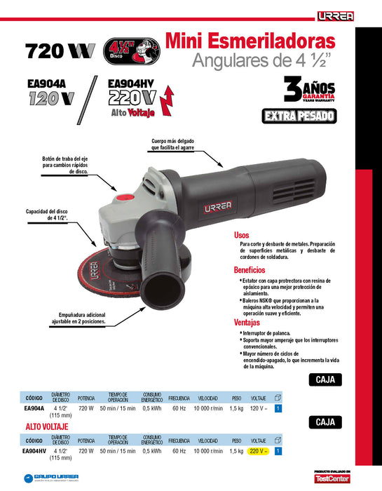 Mini esmeriladora angular 4-1/2" 720 W 120 V, 10000 RPM Urrea