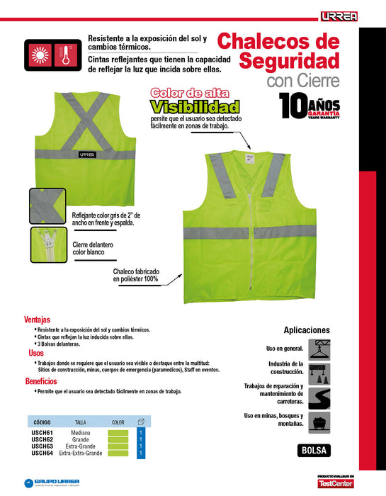 Chaleco de seguridad cerrado de alta visibilidad verde EG Urrea
