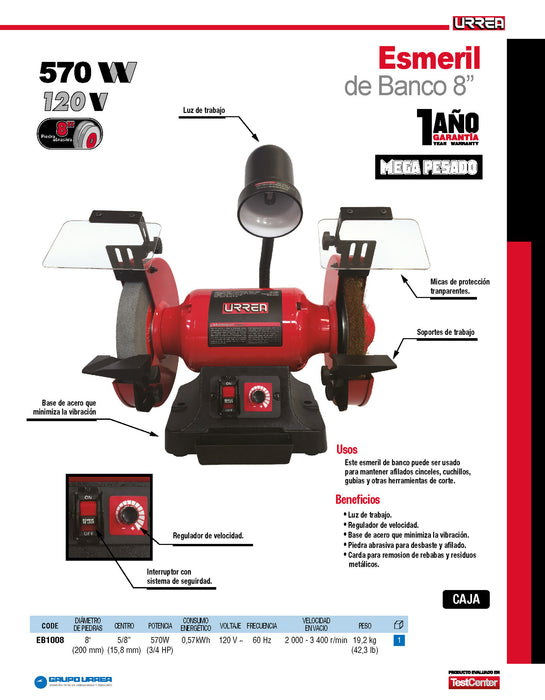 Esmeril de banco con base de acero 8" 3/4 HP 570 W 120 V, 3400 RPM Urrea
