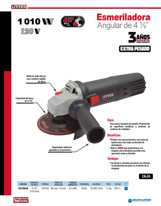 Mini esmeriladora angular 4-1/2" 1010 W 120 V, 10000 RPM Urrea