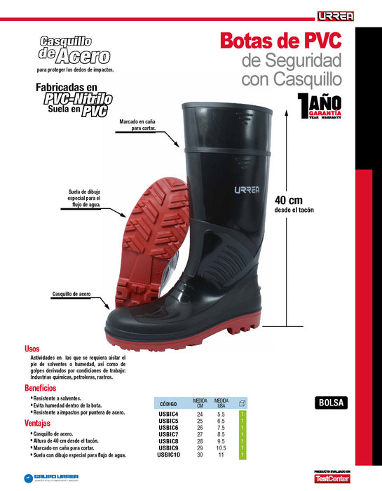 Botas de seguridad de PVC con casquillo de acero #26 cm Urrea