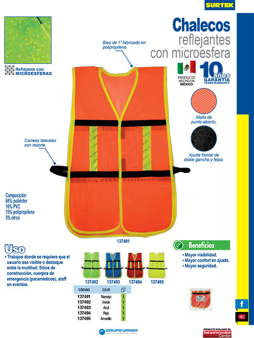 Chaleco de seguridad de malla de poliéster con ajuste de doble gancho amarillo unitalla Surtek