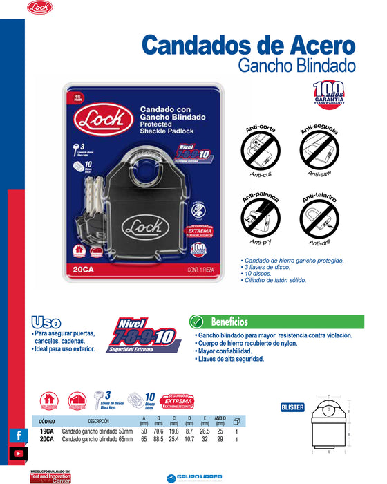 Candado de gancho blindado 65 mm, llave de disco Lock