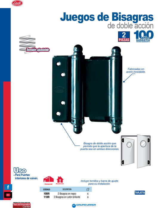 Juego de bisagras doble acción latón brillante 3", 2 piezas Lock