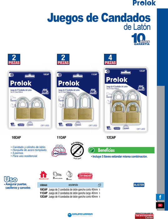 Juego de candados de latón cortos 40 mm, llave estándar, 4 piezas Prolok
