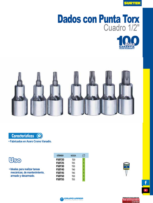 Dado con punta torx cuadro de 1/2", T25 Surtek