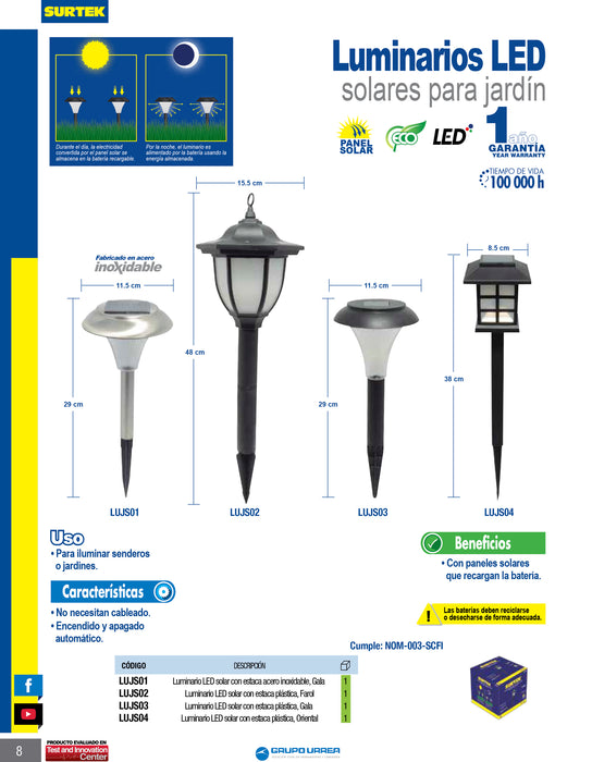 Luminario de LED estaca recargable solar tipo gala inoxidable Surtek