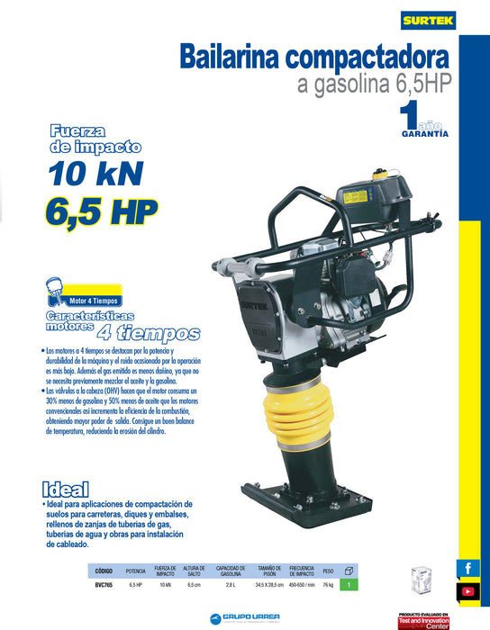 Bailarina compactadora a gasolina con motor de 4 tiempos 6.5 HP Surtek