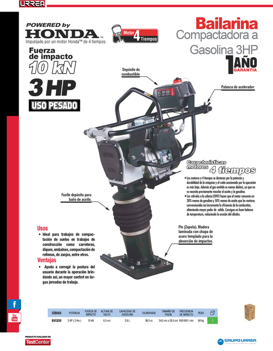 Bailarina compactadora a gasolina con motor de 4 tiempos 3 HP Urrea